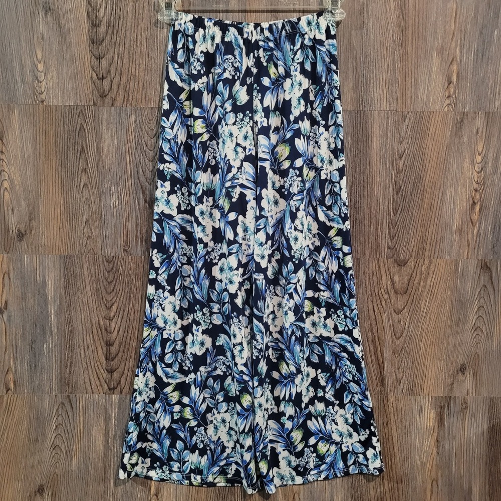 Slinky Brand Blue Floral Wide Leg Pants XS x 29 Pull On Beach Vacation Resort